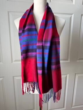 V Fraas‎ Cashmink Tartan Plaid Scarf Red Blue Purple Fringe Made In Germany Cozy